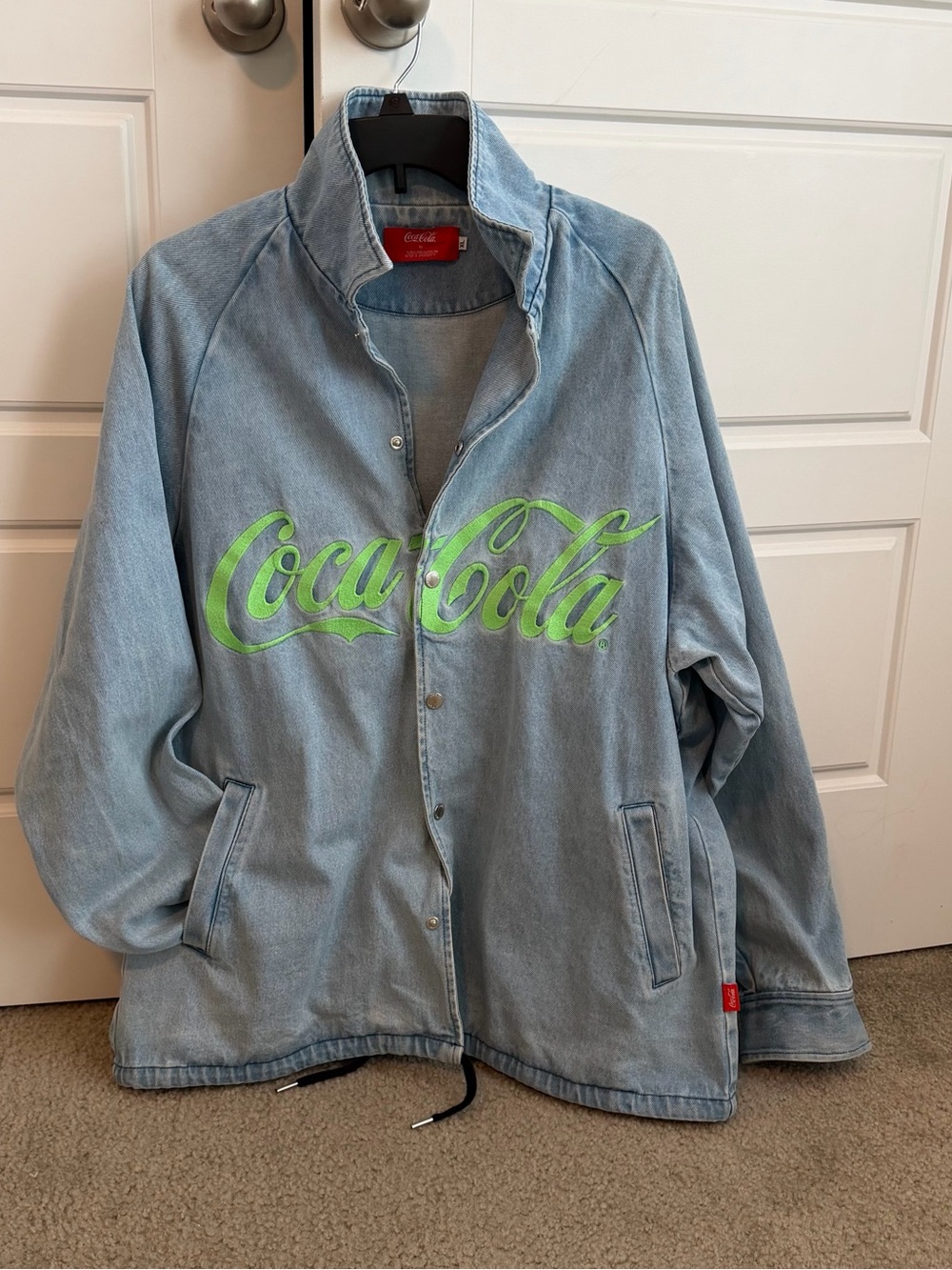 RARE Coca-Cola by Joyrich Blue Denim Jacket Green Logo Snap Front 2017 baggy XL